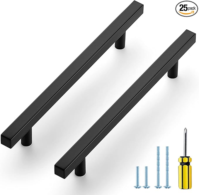 Ravinte Cabinet Handles 25 Pack - 6-3/10 Inch Matte Black Square Pulls, 8-4/5 Inch Overall Length for Kitchen Hardware and Drawers