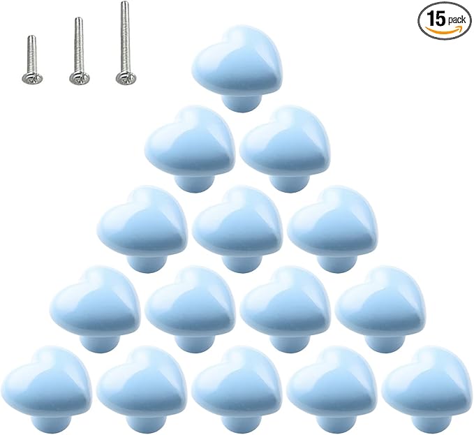 HUAMULAN 15PCS Glossy Ceramic Knobs Heart Shape Cabinet Dresser Pulls Door Handles Cupboard Wardrobe Drawer,Blue
