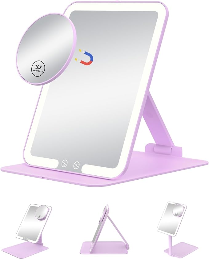 Gospire Travel Makeup Mirror with Lights and Magnification 10X, Portable Make Up Compact Tabletop Cosmetic with Adjustable Stand, 3 Colored Light Rechargeable LED Vanity Mirror - Purple