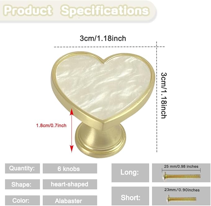 6 Pcs Brass Knobs Drawer Pulls Handles Heart-Shaped Gold Cabinet knobs, Suitable for Bathroom Drawer Kitchen Door Pulls Handles Heart-Shaped Handles (White)