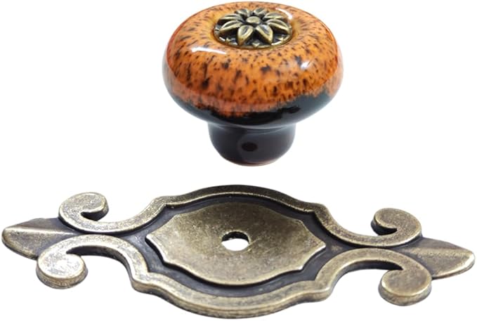 10 Pack Retro Ceramic Knobs,Vintage Dresser Kitchen Petal Cabinet Pulls Rustic Zinc Alloy Base Back Plate Kid Cupboard Wardrobe Drawer Door Handles (Leopard Print Orange)