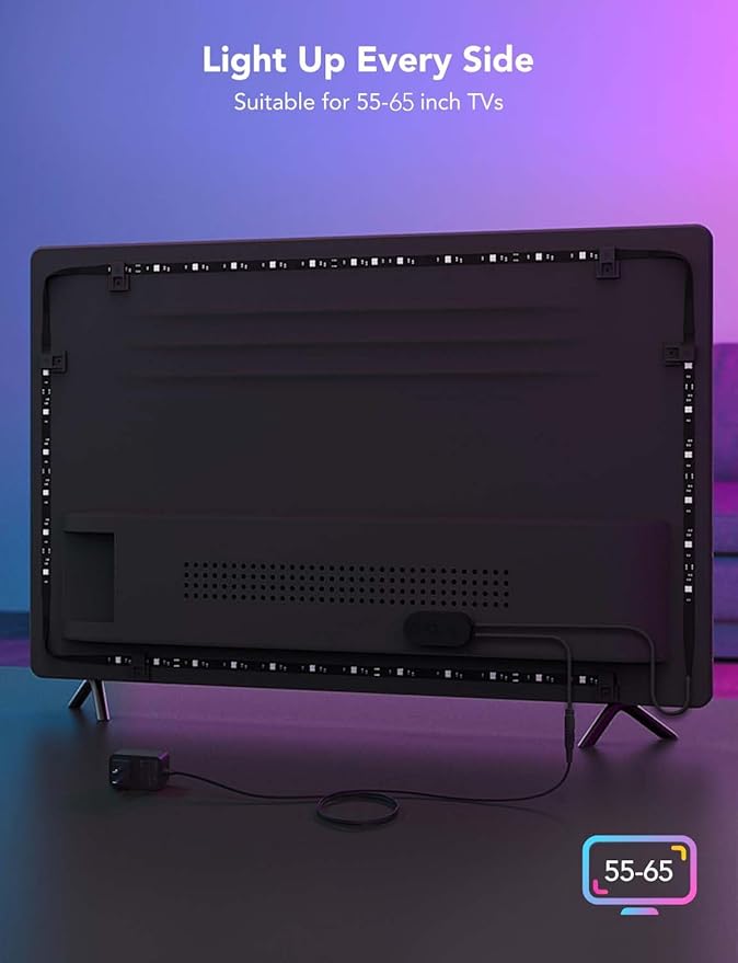 Govee TV LED Backlight, RGBIC Smart LED Strip Lights for 55-65 Inch TVs, Bluetooth and Wi-Fi APP Control, Works with Alexa & Google Assistant, Music Sync, 99+ Scene Modes, Adapter