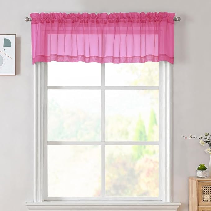 Hot Pink Sheer Valances for Windows 14 Inch Length 2 Pcs, Light Filtering Short by OVZME