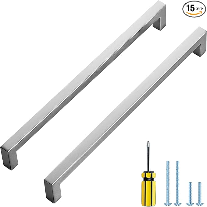 Ravinte 15 Pack Brushed Nickel Kitchen Cabinet Handles 10 Inch Cabinet Pulls Square Kitchen Hardware for Cabinet Drawer Pulls Drawer Handles Come with Screwdriver
