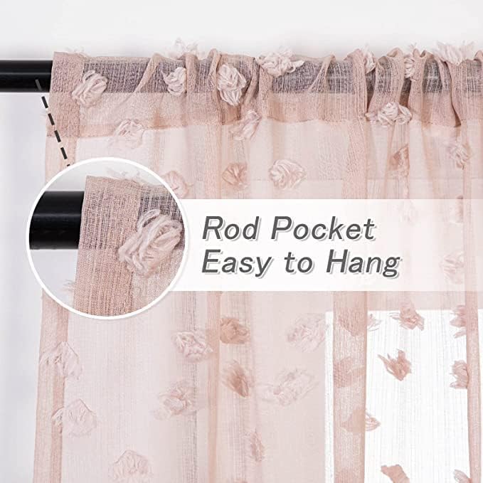 MYSKY HOME Pink Sheer Short Curtains with Pom Pom for Small Windows Dusty Rose Bedroom Nursery Kids Girls Room Curtains Cafe Kitchen Light Filtering Boho Drapes, Rod Pocket,38 x 45 Inches, 2 Panels