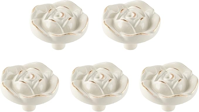 Uenhoy 5 Pcs Rose Drawer Knobs Vintage Dresser Knobs Antique Rose Flower Cabinet Knobs for Dresser Vanity Nightstand Closet with Screws (Ivory White with Golden Edge)