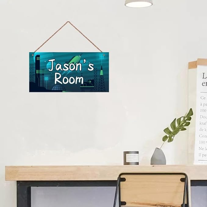 Personalized Sign Rocket Theme Wall Art Decor For Kids Room Custom Name Universe Star Door Décor For Little Man Cave, Starry Sky Nursery Art Plate For Boys Room Girls Bedroom