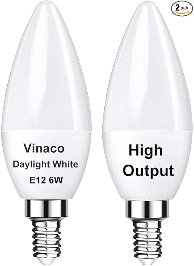 Vinaco E12 LED Bulb, 2 Pack E12 Candelabra Bulb 60 Watt Daylight White 5000K, High Brightness 600LM & 25000+ Long Lifespan E12 Bulb, E12 Candelabra Base, Light Bulb for Ceiling Fan Light Bulb