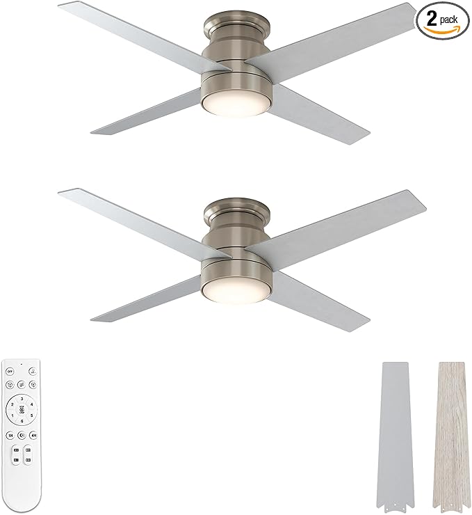 warmiplanet Flush Mount Ceiling Fans with Lights and Remote Control, 52-Inch, Brushed Nickel, 4-Blades, 2 Pack