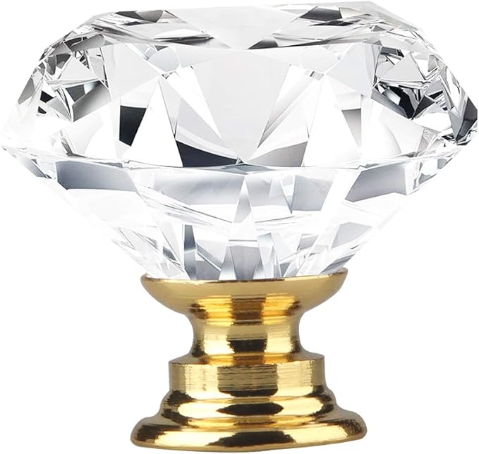 Tomorotec Elegant Crystal Diamond-Shaped Glass Drawer Pulls - Set of 12 with Golden Base and Screws, 1.2 inch/30mm - Ideal for Kitchen, Bathroom, Dresser and Wardrobe Cabinets