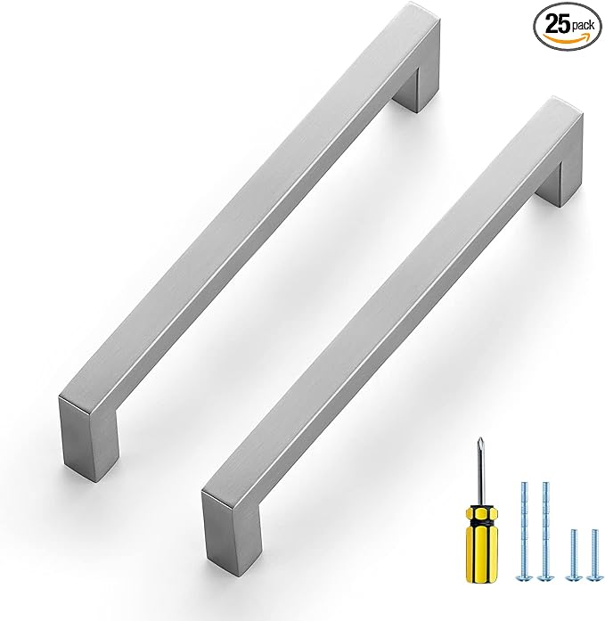 Ravinte 25 Pack Brushed Nickel Kitchen Cabinet Handles 6-1/4 Inch Cabinet Pulls Square Kitchen Hardware for Cabinet Drawer Pulls Drawer Handles Come with Screwdriver