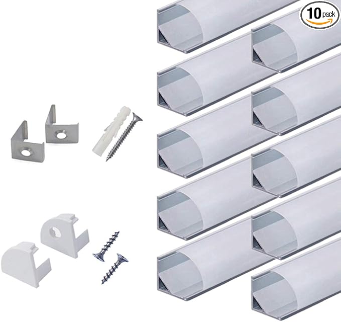 hunhun 10-Pack 6.6ft/ 2Meter V Shape LED Aluminum Channel System with Milky Cover, End Caps and Mounting Clips, Aluminum Profile for LED Strip Light Installations, Very Easy Installation