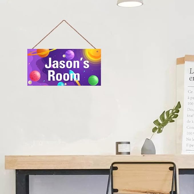 Personalized Sign, Galaxy Signs,Custom Name Wall Door Sign, Baby Nursery Art For Kids Room Outer Space Theme Decor Rocket Stickers For Boys Room Girls Bedroom Little Man Cave