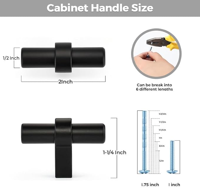 25 Pack Matte Black Cabinet Knobs - Kitchen Cabinet Knobs Black Cabinet Pulls for Kitchen Cabinet Drawer Stainless Steel Dresser Knobs for Cabinet Hardware 2in Length Single Hole T Bar Knbs