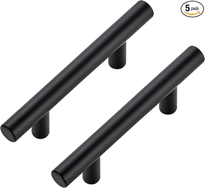 JOY DECOR 5 Pack Cabinet Handles, Black Cabinet Pulls, 3 in Hole Center Kitchen Hardware, Stainless Steel T Bar Handles for Dresser Drawers