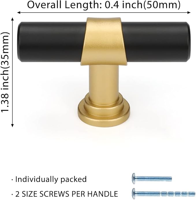 LONTAN 12 Pack Kitchen Cabinet Knobs Black and Gold Drawer Knobs for Dresser Bathroom T-bar Black Hardware for Cabinets, Zinc Alloy Base