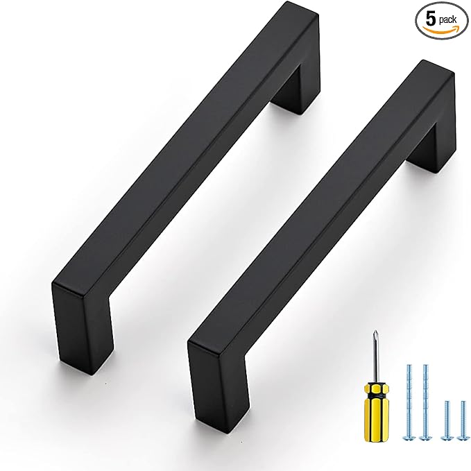 Ravinte 5 Pack Black Cabinet Pulls 4-1/2 Inch Square Cabinet Handles Matte Black Kitchen Hardware for Cabinet Drawer Pulls Come with Screwdriver
