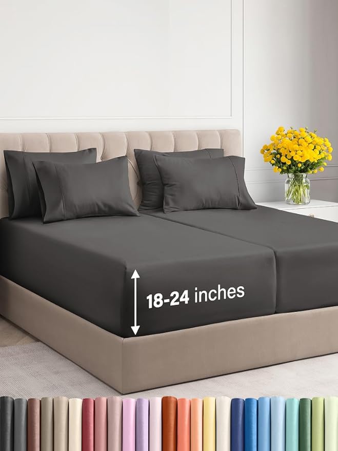Extra Deep Split King Sheet Set - 7 Piece Breathable and Cooling Sheets - Hotel Luxury Bed Sheets Set - Easy Fit - Soft, Wrinkle Free and Comfy Sheets Set - Charcoal Sheet Set with Extra Deep Pockets
