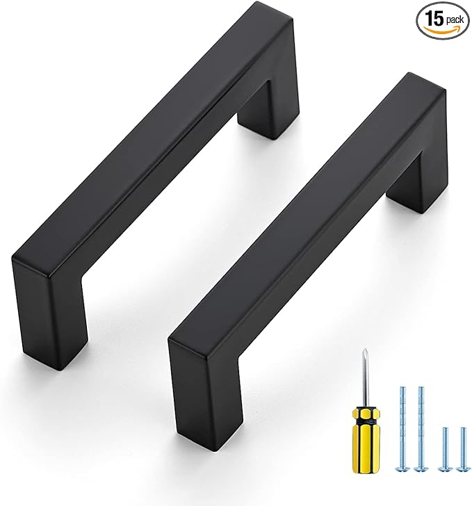 Ravinte 15 Pack Black Cabinet Pulls 3-1/2 Inch Square Cabinet Handles Matte Black Kitchen Hardware for Cabinet Drawer Pulls Come with Screwdriver