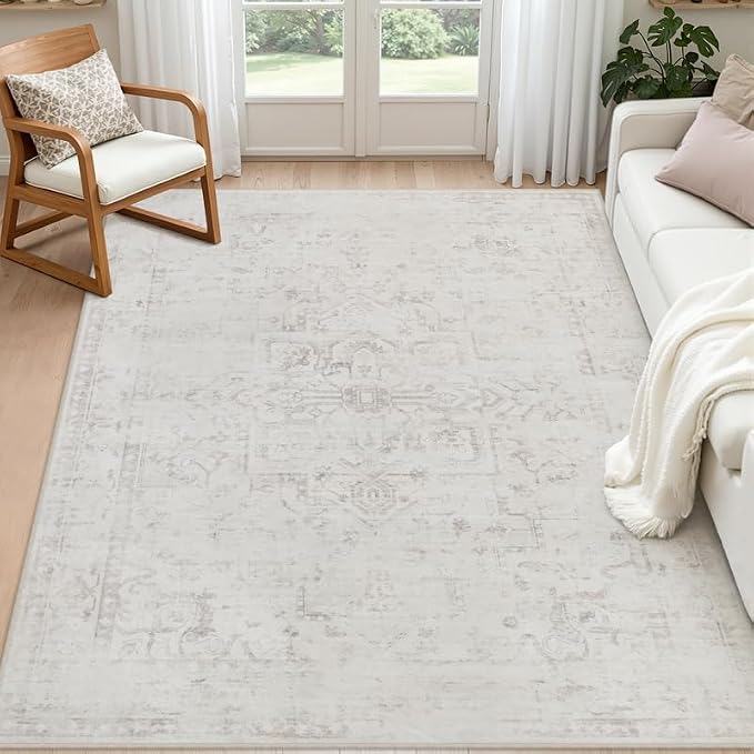6x9 Area Rugs Living Room: Bedroom Washable Carpet Neutral Cream | Large by Luxturiy