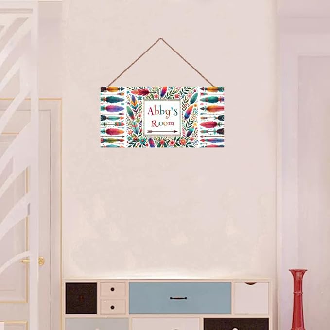 Personalized Name Sign Colorful Feather Decor For Girls Room and Baby Nursery Kids Bedroom Flowers Wood Plaque Hanging Wall Art Decor