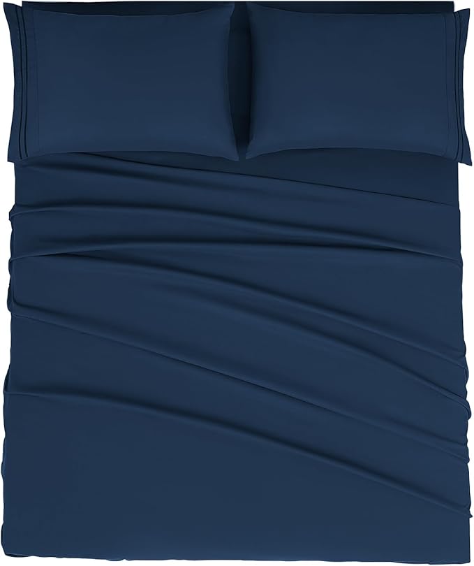Mejoroom King Size Bed Sheet Set - Hotel Luxury 1800 Bedding Sheets & Pillowcases - 16" Deep Pocket Fitted Sheet, Soft, Breathable, Wrinkle & Fade Resistant - 4 Piece(King,Navy)