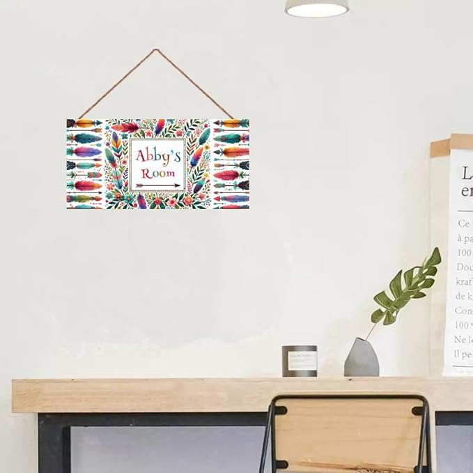 Personalized Name Sign Colorful Feather Decor For Girls Room and Baby Nursery Kids Bedroom Flowers Wood Plaque Hanging Wall Art Decor