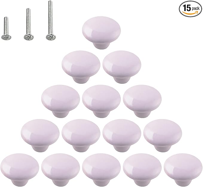 HUAMULAN 15PCS Glossy Ceramic Knobs Button Round Mushroom Cabinet Dresser Vintage Pulls Door Handles Cupboard Wardrobe Drawer, Dia. 1.5 inch 38mm, Light Purple