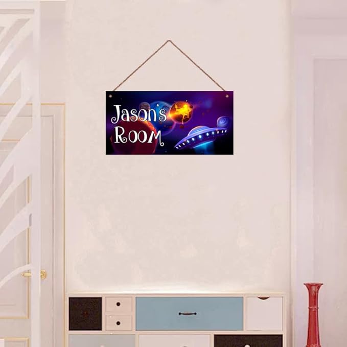 Personalized Signs Star Wall Hanging Sign, Motivational Hanging Plaque Sign Outer Space Room Wall Art, Alien Ship Nursery Decor for Boys Room Kids Playroom Classroom Decor