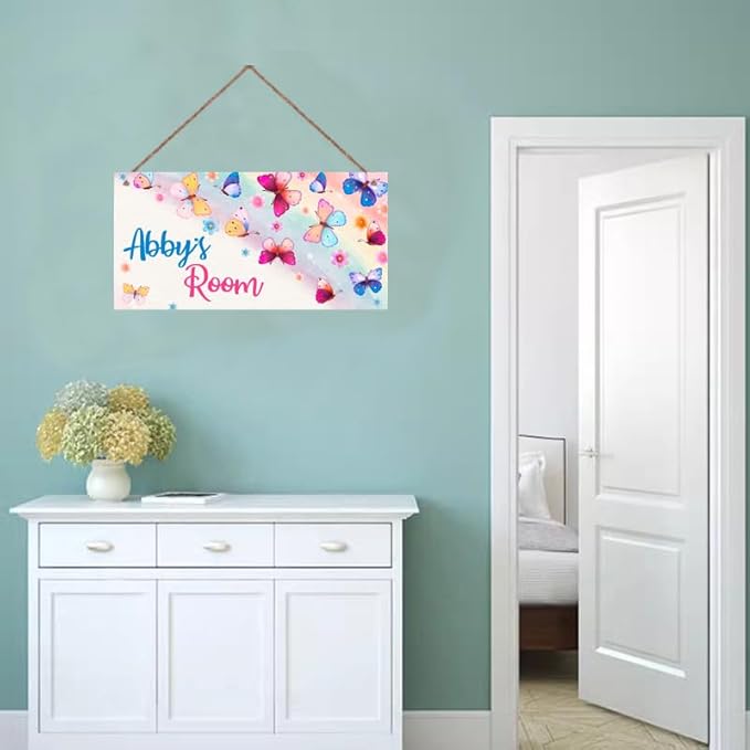 Personalized Butterfly Door Sign for Little Man Cave Colorful Floral Bouquet Door Sign Bedroom Nursery Wood Plaque Hanging Wall Art Decor For Kids Room