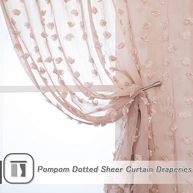 MYSKY HOME Pom Pom Pink Sheer Curtains for Bedroom Girls Room Dusty Rose Curtains 72 Inches Long for Nursery Kids Light Filtering Boho Window Drapes, Rod Pocket, 38" Wide, 2 Panels