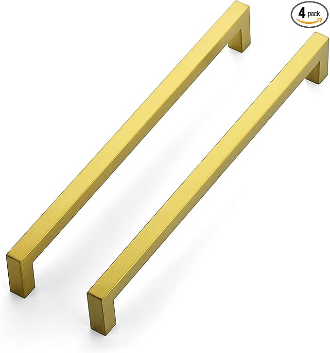 JOY DECOR 4 Pack Cabinet Handles, Gold Cabinet Pulls, 10 Inch Kitchen Closet Handles Square Drawer Pulls Stainless Steel Drawer Hardware, 256mm Hole Centers