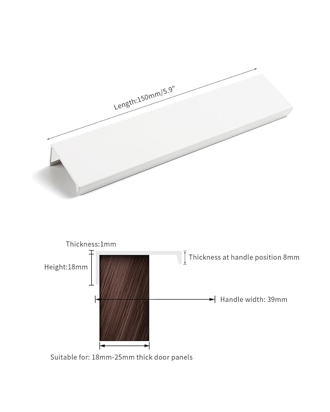 5 Pack 6 inch self Adhesive Cabinet pulls Adhesive Cabinet Handles Finger pulls for cabinets Drawer pulls Warm White Stick on Handles Concealed Finger pulls for Cabinet Edge Seam Flat Handles