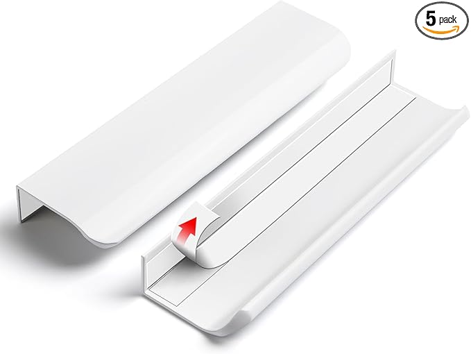 5 Pack 6 inch self Adhesive Cabinet Handles Adhesive Cabinet pulls Drawer Edge pulls Bright White Stick on Handles for Cabinet Finger pulls for Concealed Drawer Seam Flat