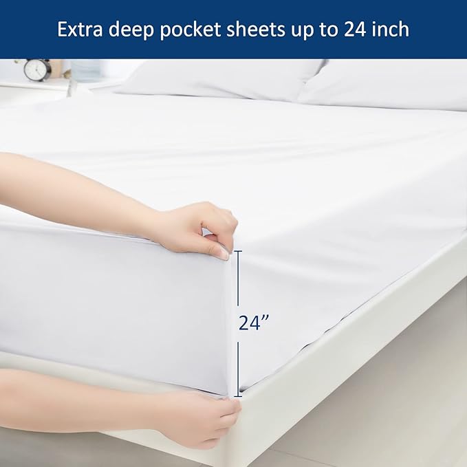 Moonsea Queen Sheet Sets Air Mattress Sheets - 3 Pieces Extra Deep Pocket Queen Sheets Sets 16 to 24 inch - Sheets with Pockets on Side - Easily Fits Extra Deep Pillow Top Air Mattress (White)