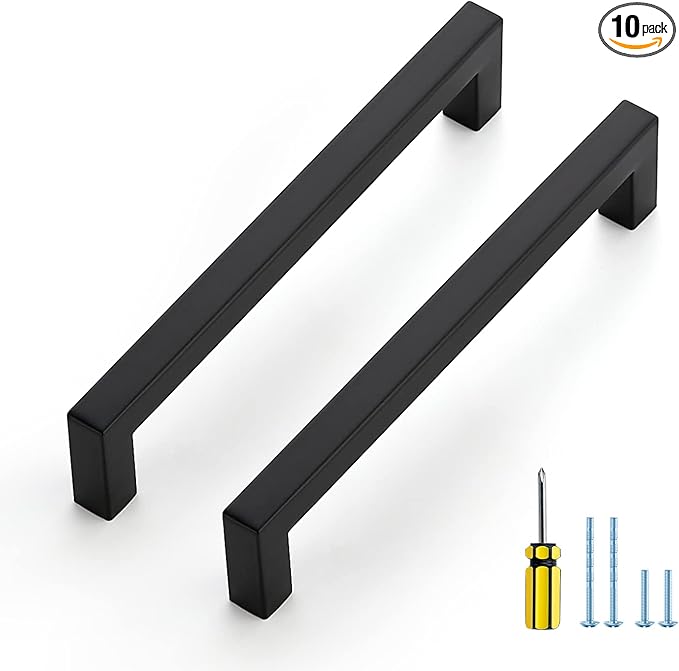 Ravinte 10 Pack Square Cabinet Pulls 6-1/4 Inch Black Kitchen Cabinet Handles Matte Black Kitchen Hardware for Drawer Pulls Drawer Handles Come with Screwdriver