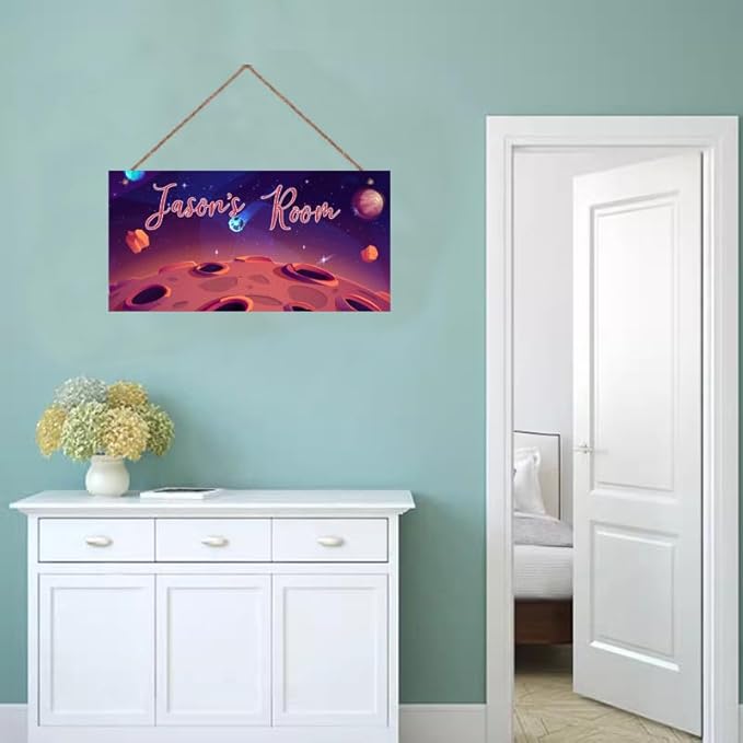 Personalized Outer Space Sign Universe Theme Art Décor For Kids Room Custom Name Moon Door Wall Art Decor For Little Man Cave, Stars Floral Nursery Art Girls Room Boys Bedroom