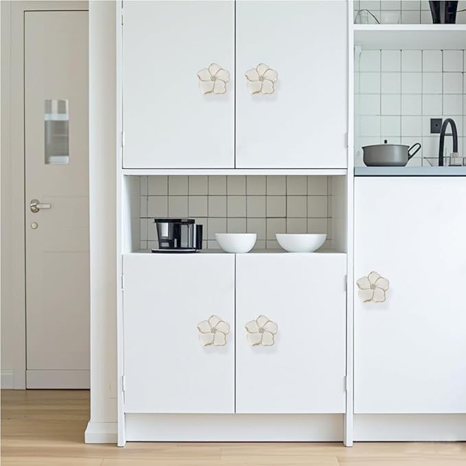 4 pcs Flower Petal Knobs,Creative Silver Flower Drawer Pulls Handles with Screws Single Hole Handle for Cabinet, Dressing ，Home Decor Handles (White)