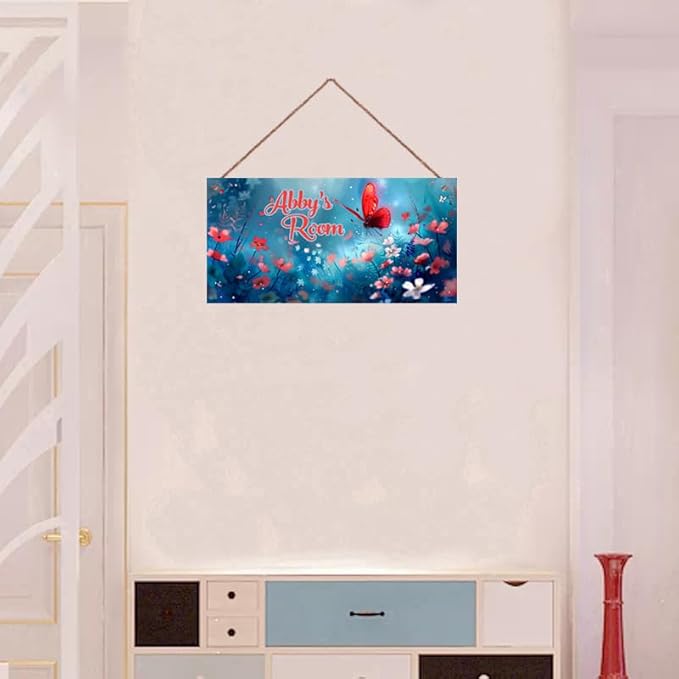 Personalized Sign Red Butterfly Sign Flower Art Décor For Kids Room Custom Name Door Wall Decor, Floral Nursery Art Plate For Girls Room Baby Boys Bedroom
