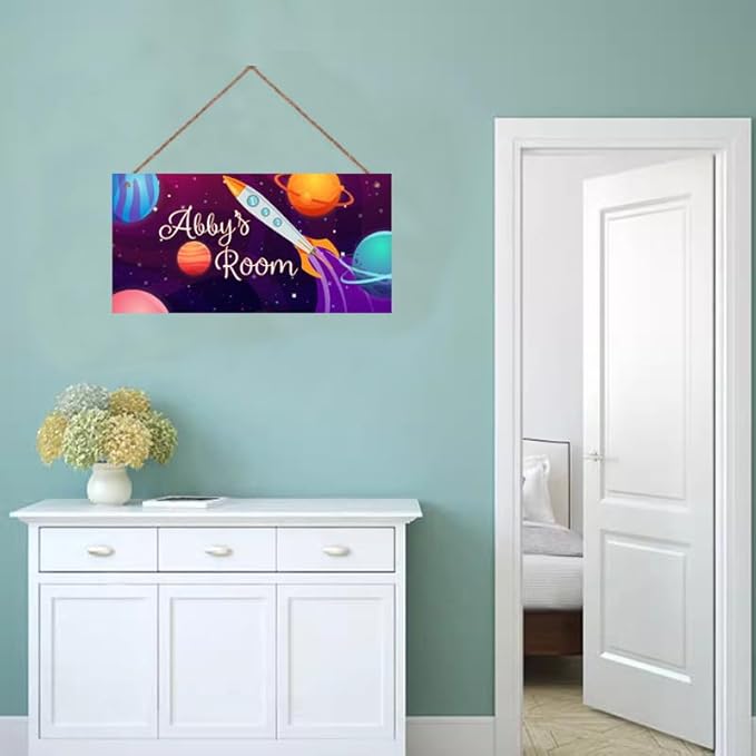 Personalized Sign Rocket Sign, Outer Space Theme Wall Decor Custom Name Door Plate for Kids Room Nursery Stars Galaxy Art Wall plaques For Boys Room Girls Bedroom