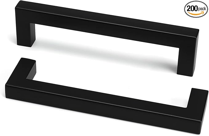 goldenwarm 200 Pack 5 Inch Black Cabinet Handles Matte Black Drawer Pulls Stainless Steel Cabinets Hardware Square Bar Modern for Kitchen Bathroom Cupboard