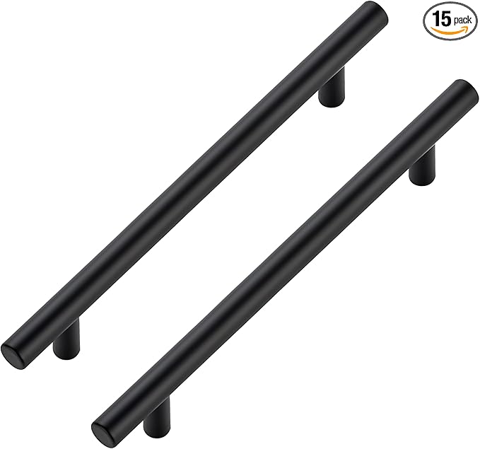 JOY DECOR 15 Pack Cabinet Handles, Black Cabinet Pulls, 6-1/4 in Hole Center Kitchen Hardware, Stainless Steel T Bar Handles for Dresser Drawers