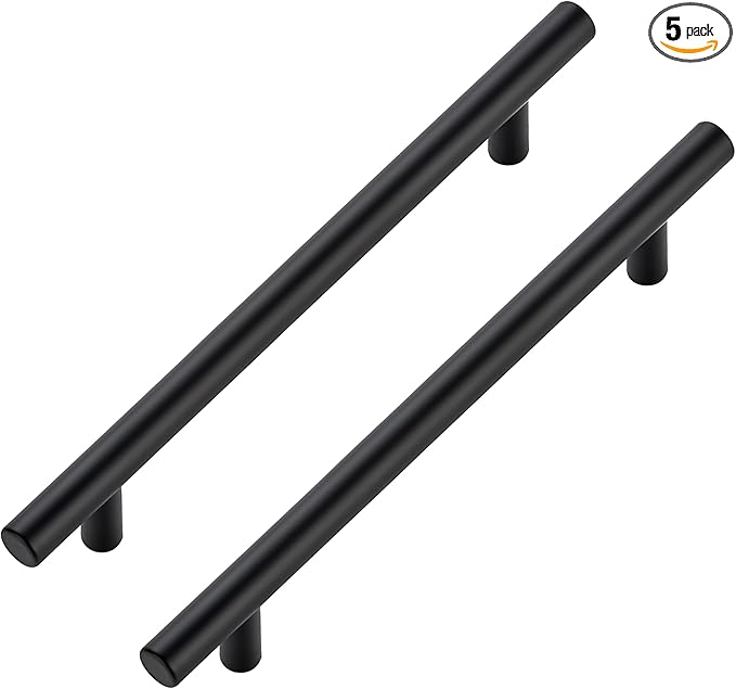 JOY DECOR 5 Pack Cabinet Handles, Black Cabinet Pulls, 6-1/4 in Hole Center Kitchen Hardware, Stainless Steel T Bar Handles for Dresser Drawers