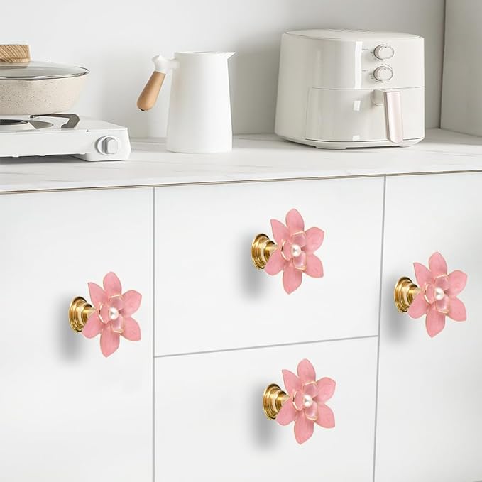 4 Pcs Petal Cabinet Knobs，Zinc Alloy Flower Shape Single Hole Knob with Screws for Dresser Handles Cabinet Wardrobe Door Handle Decorative Furniture (Pink Flower Pearl)