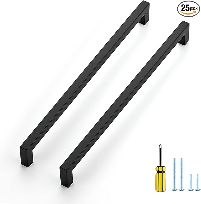 Ravinte 25 Pack Square Cabinet Pulls 11-1/3 Inch Black Kitchen Cabinet Handles Matte Black Kitchen Hardware for Cabinet Black Drawer Pulls Drawer Handles Come with Screwdriver