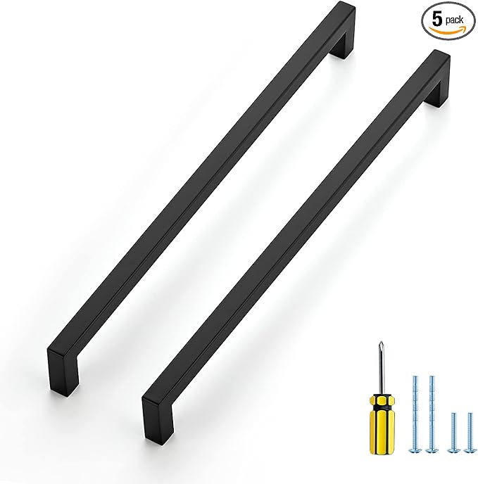 Ravinte 5 Pack Black Cabinet Pulls 11-1/3 Inch Square Kitchen Cabinet Handles Matte Black Kitchen Hardware for Drawer Pulls Drawer Handles Come with Screwdriver