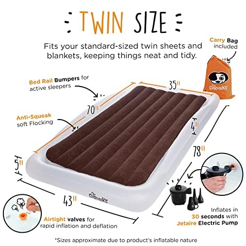 The Shrunks Twin Air Mattress Travel Bed for Kids and Adults with Pump Portable Inflatable Mattress Blow Up Air Bed for Travel, Camping or Sleepovers 78" x 43" - Grey