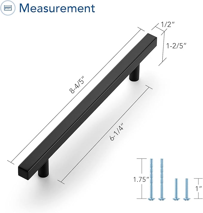 Ravinte Cabinet Handles 25 Pack - 6-3/10 Inch Matte Black Square Pulls, 8-4/5 Inch Overall Length for Kitchen Hardware and Drawers