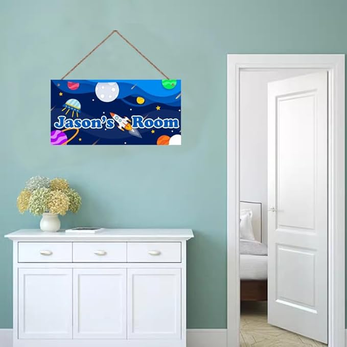 Personalized Sign Rocket Sign, Outer Space Theme Wall Art Decor For Little Man Cave Custom Name Door Plate for Kids Room Nursery Stars Art Plate For Girls Bedroom Boys Room