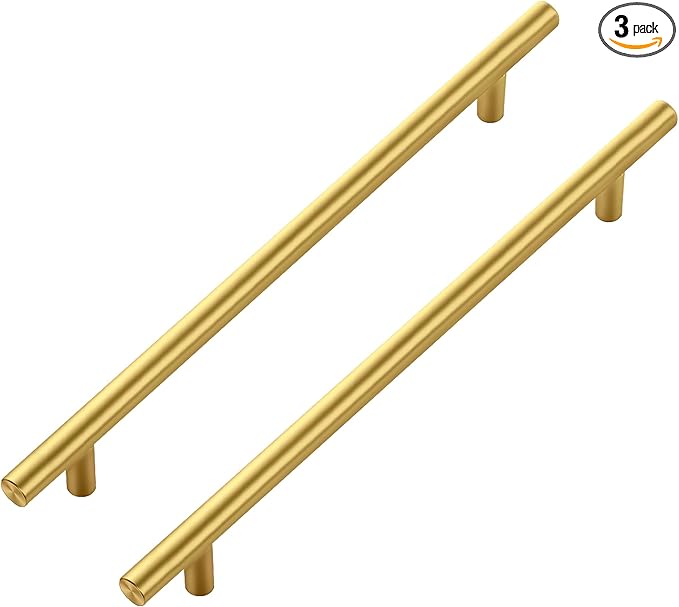 JOY DECOR 3 Pack Cabinet Handles, Gold Cabinet Pulls, 8-3/4 in Hole Center Kitchen Cabinet Handles, Stainless Steel T Bar Handles for Dresser Drawers